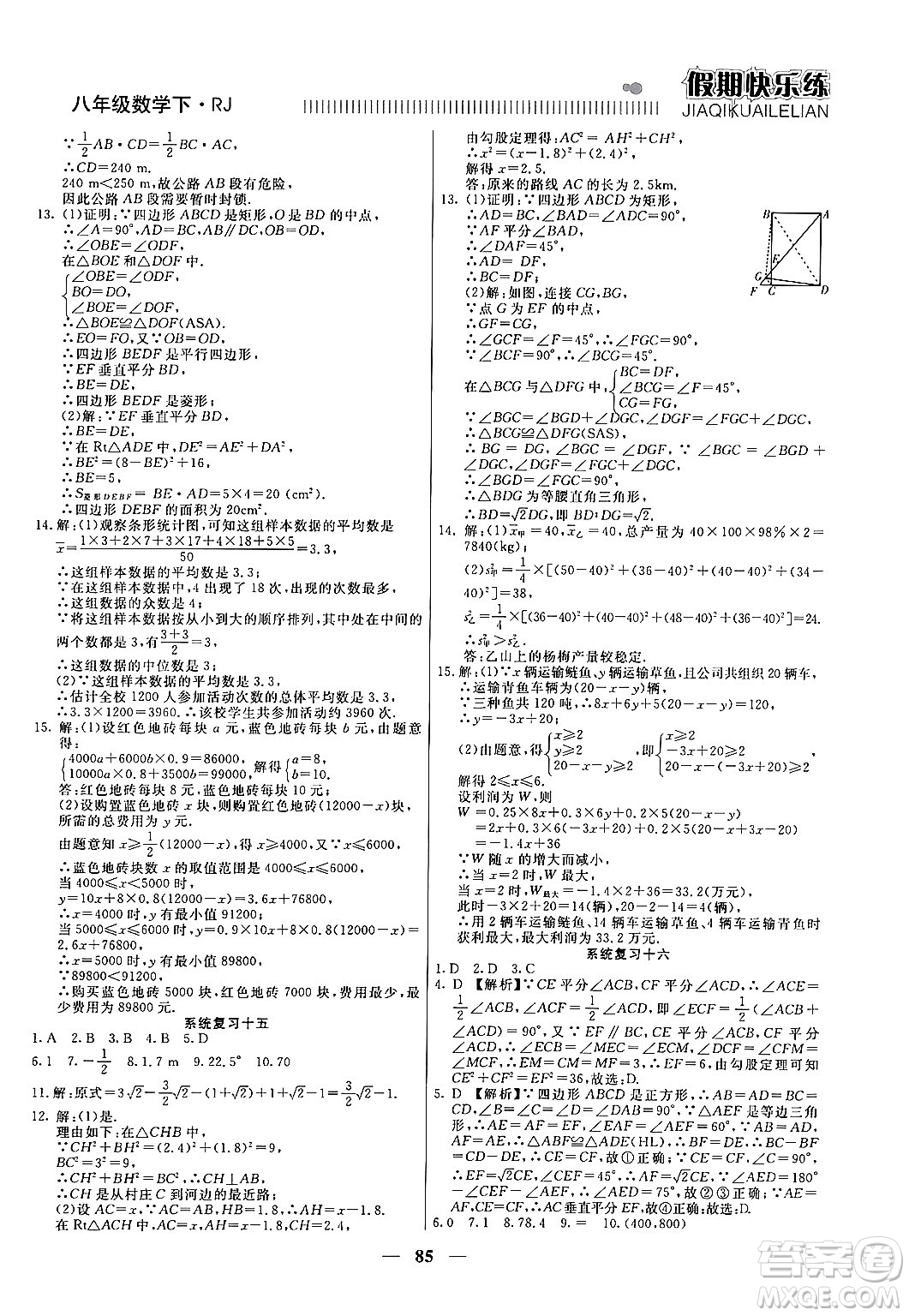 天津科學技術出版社2024年春金優(yōu)教輔假期快樂練八年級數學人教版答案