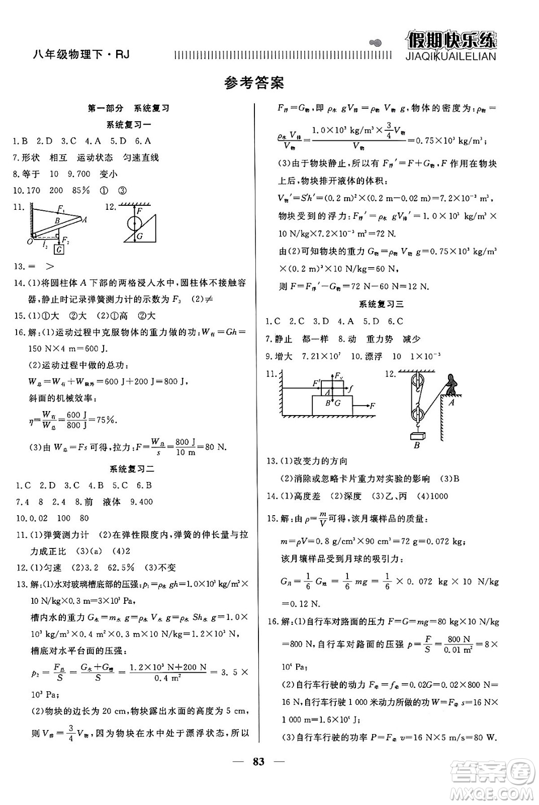 天津科學(xué)技術(shù)出版社2024年春金優(yōu)教輔假期快樂練八年級物理人教版答案