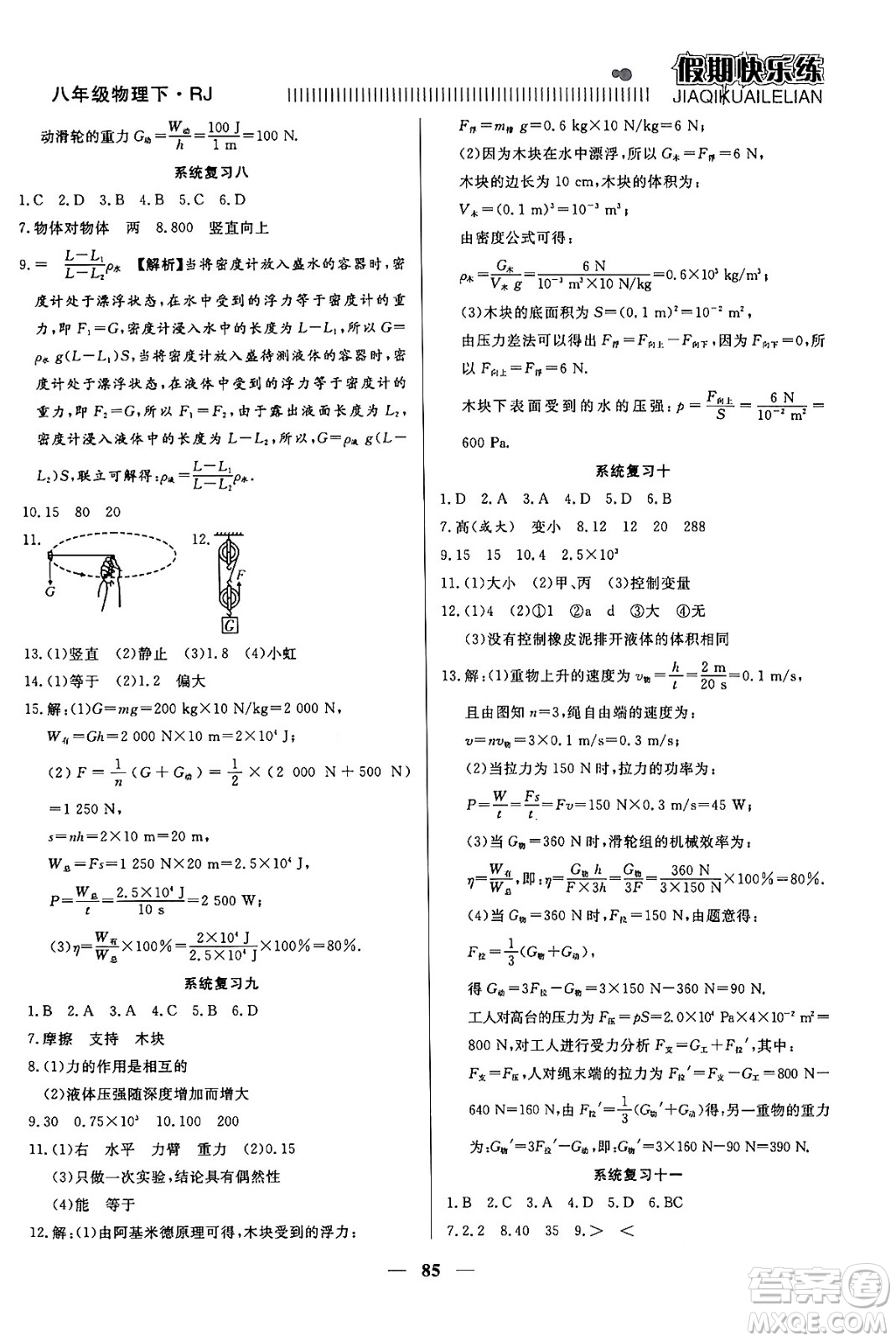 天津科學(xué)技術(shù)出版社2024年春金優(yōu)教輔假期快樂練八年級物理人教版答案