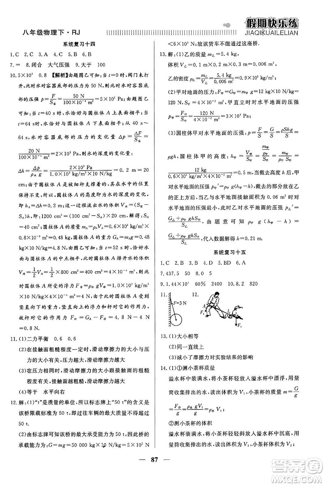 天津科學(xué)技術(shù)出版社2024年春金優(yōu)教輔假期快樂練八年級物理人教版答案