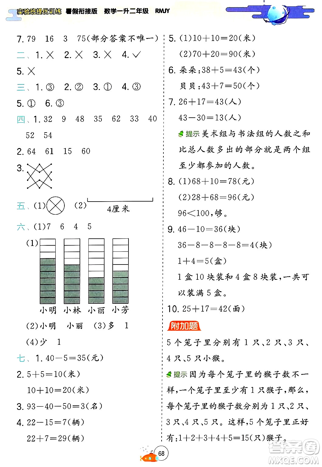江蘇人民出版社2024年春實(shí)驗(yàn)班提優(yōu)訓(xùn)練暑假銜接一升二年級(jí)數(shù)學(xué)人教版答案