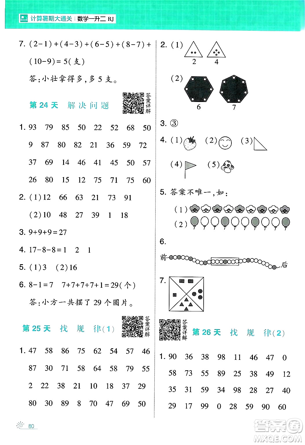 寧夏人民教育出版社2024年春經(jīng)綸學(xué)霸學(xué)霸的暑假計(jì)算暑假大通關(guān)一升二年級數(shù)學(xué)人教版答案
