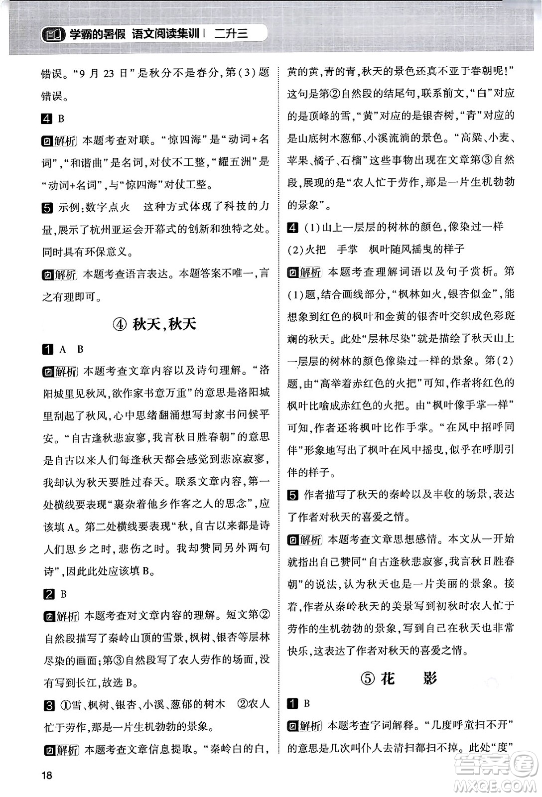 寧夏人民教育出版社2024年春經(jīng)綸學霸學霸的暑假語文閱讀集訓二升三年級語文人教版答案