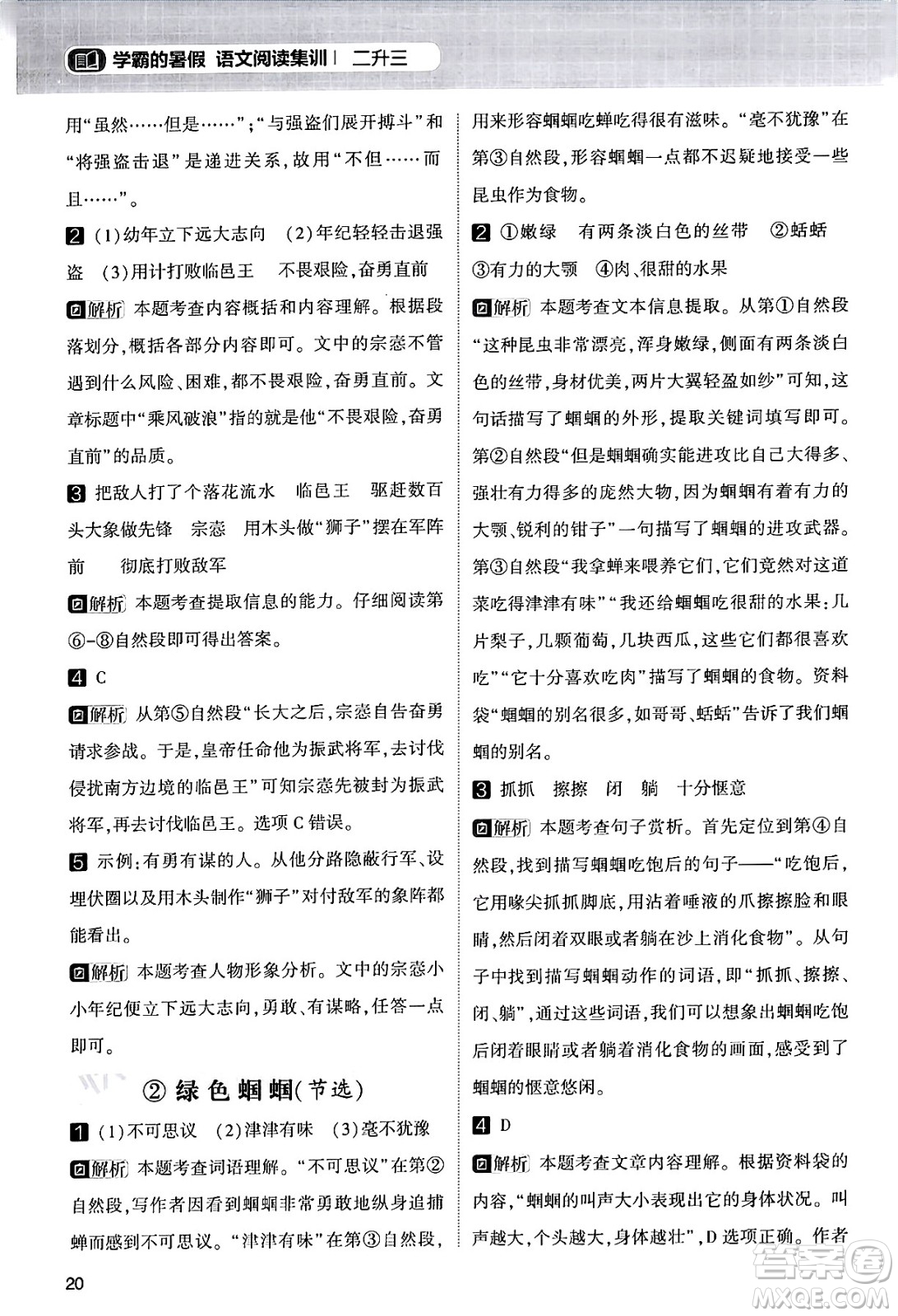 寧夏人民教育出版社2024年春經(jīng)綸學霸學霸的暑假語文閱讀集訓二升三年級語文人教版答案