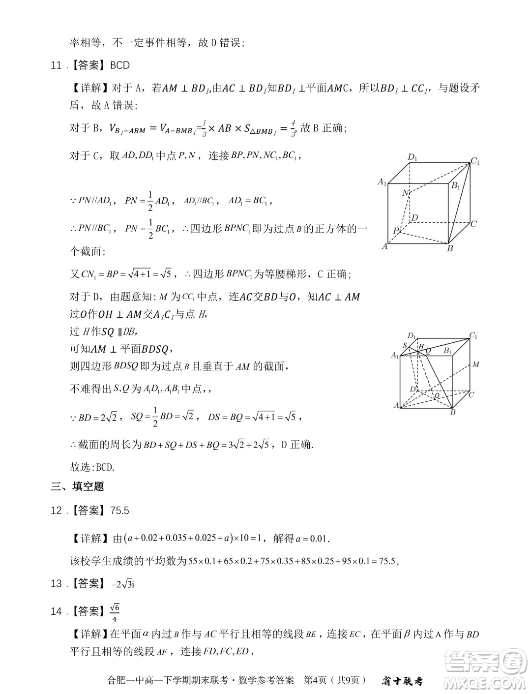 安徽省十校聯(lián)考2024年高一下學期期末考試數(shù)學試題答案