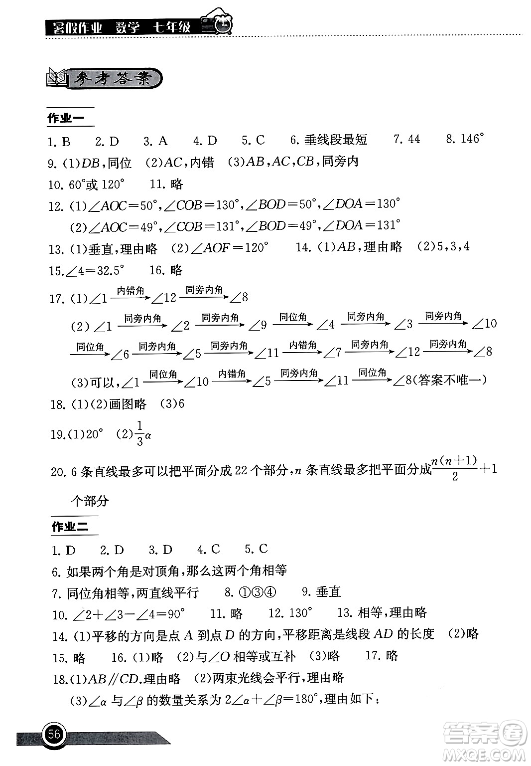 湖北教育出版社2024年長江作業(yè)本暑假作業(yè)七年級數(shù)學(xué)通用版答案
