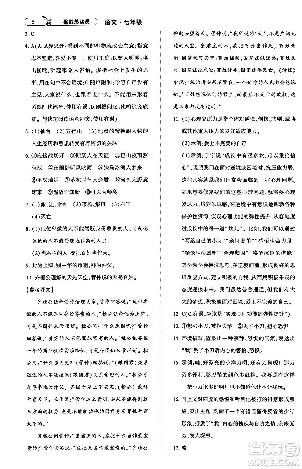 寧夏人民教育出版社2024年經(jīng)綸學(xué)典暑假總動員七年級語文通用版答案