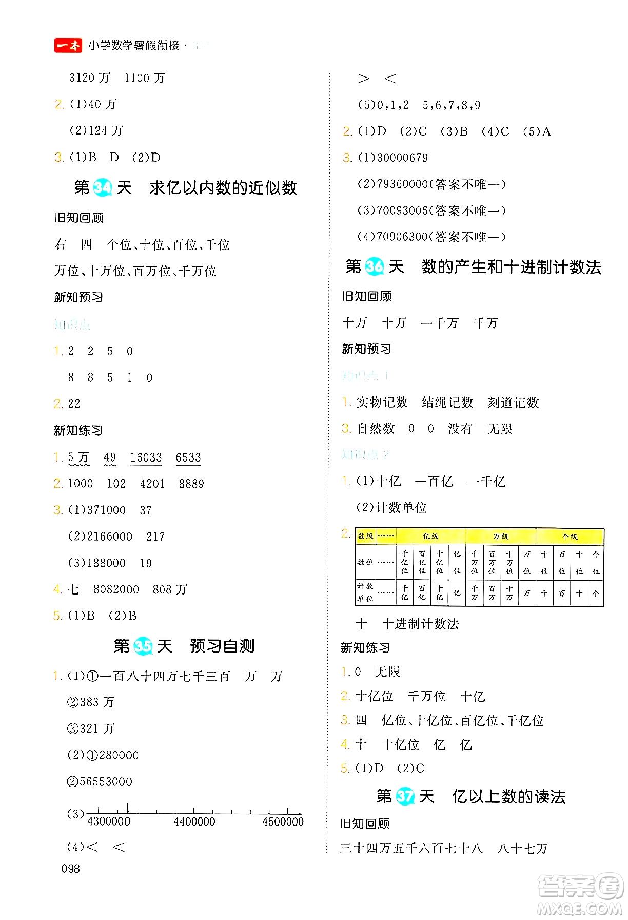 湖南教育出版社2024年一本暑假銜接3升4年級(jí)數(shù)學(xué)人教版福建專版答案