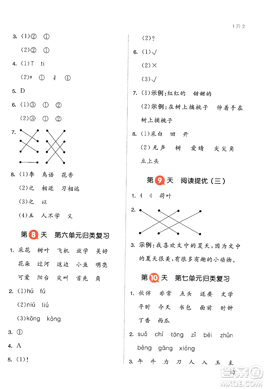 湖南教育出版社2024年一本暑假銜接1升2年級(jí)語(yǔ)文人教版福建專版答案