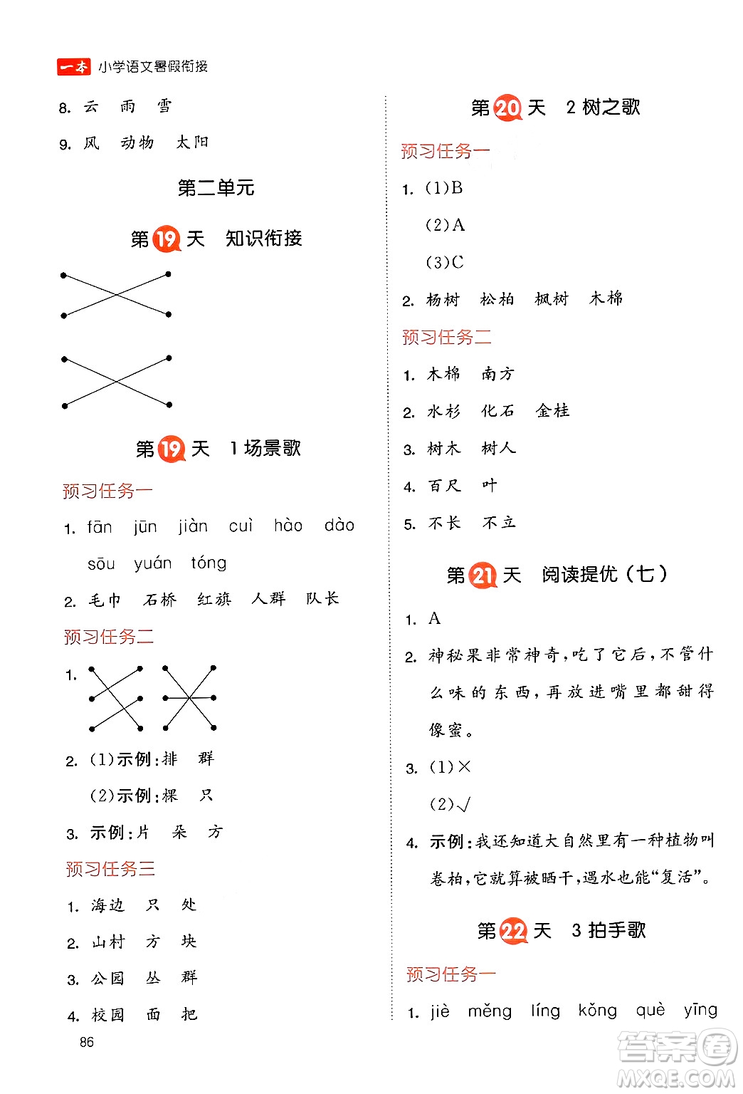 湖南教育出版社2024年一本暑假銜接1升2年級(jí)語(yǔ)文人教版福建專版答案