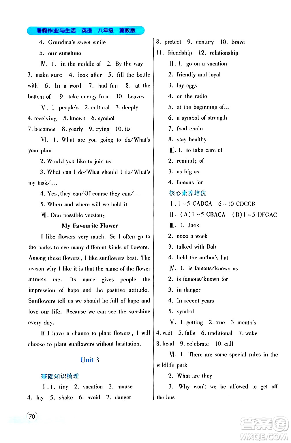 陜西師范大學(xué)出版總社有限公司2024年暑假作業(yè)與生活八年級英語冀教版答案