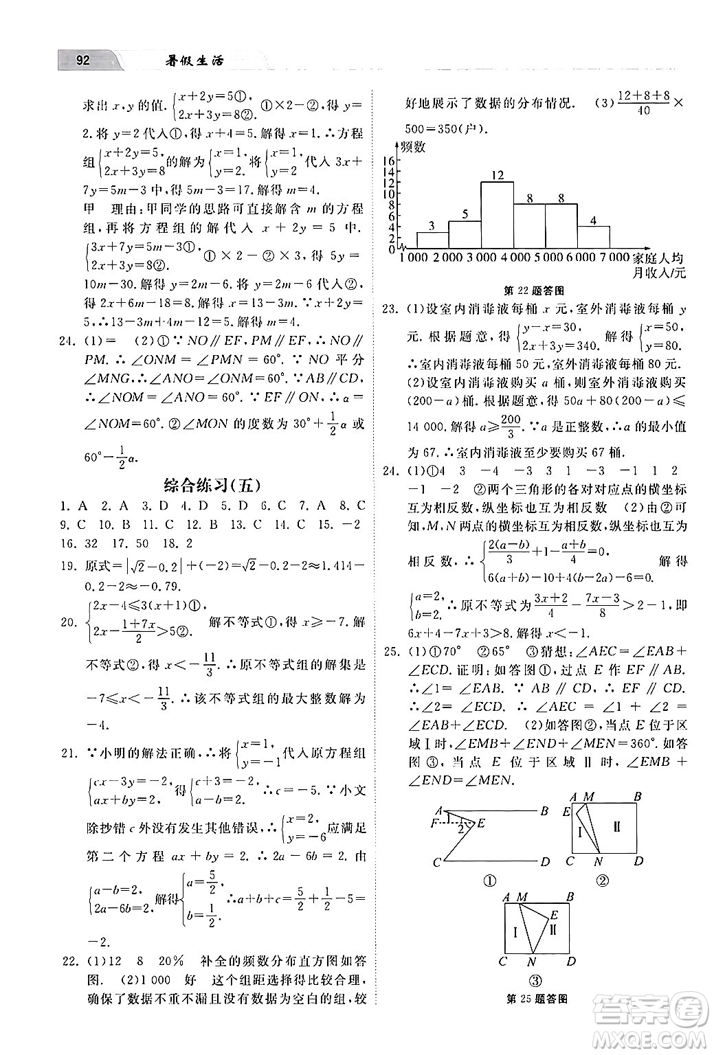 河北美術出版社2024年暑假生活七年級數(shù)學通用版答案