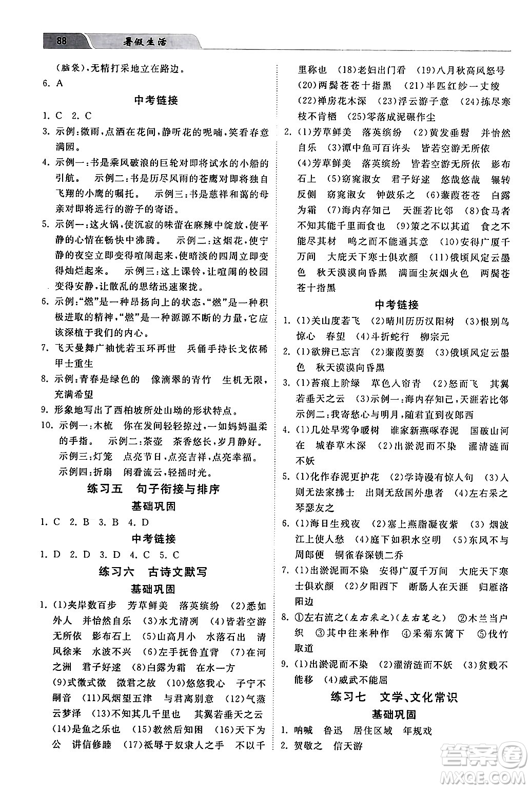 河北美術(shù)出版社2024年暑假生活八年級(jí)語文通用版答案