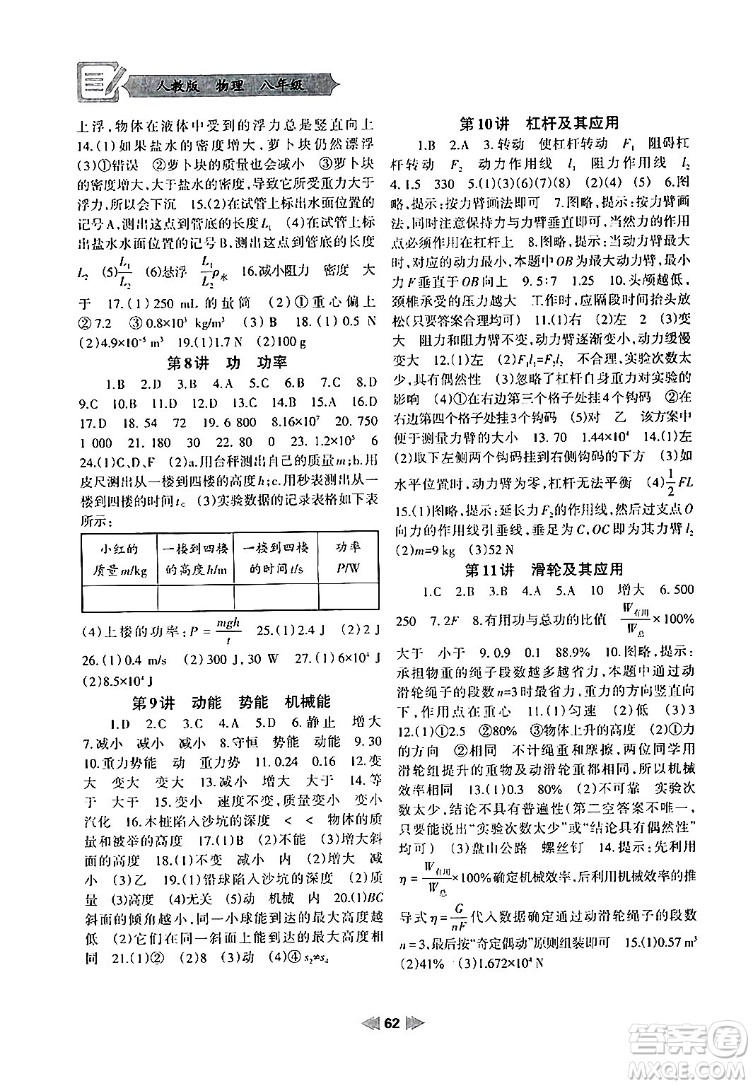 蘭州大學(xué)出版社2024年暑假作業(yè)八年級物理人教版答案