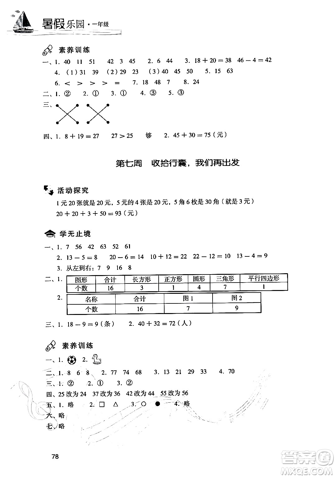 現代教育出版社2024年暑假樂園一年級數學人教版答案