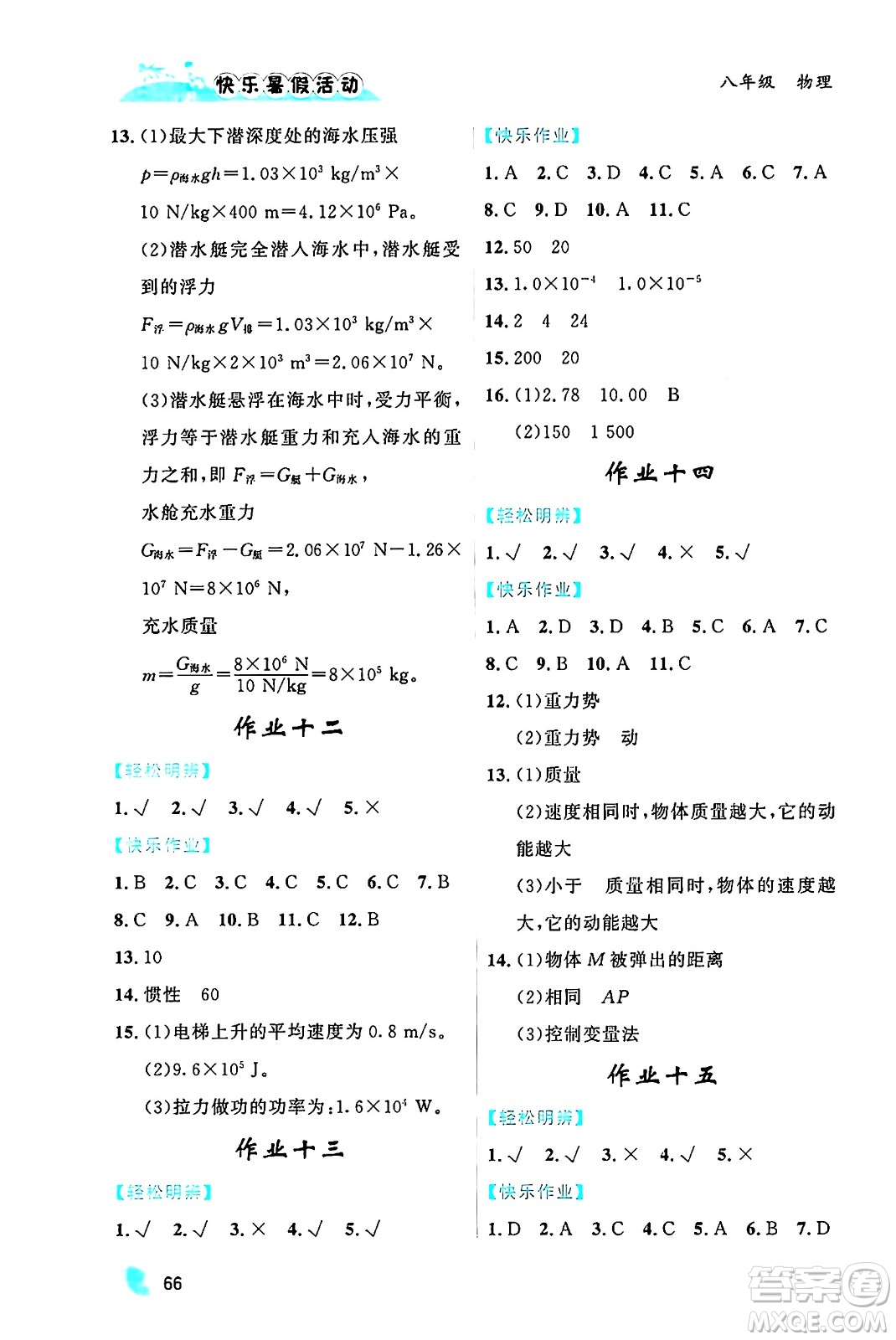 內(nèi)蒙古人民出版社2024年快樂暑假活動(dòng)八年級物理通用版答案