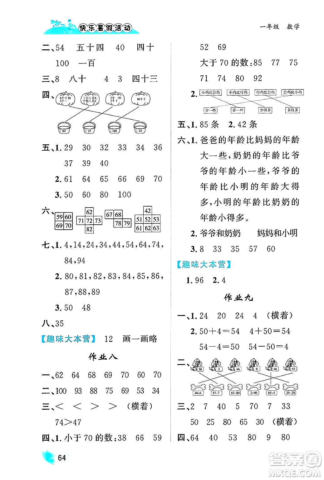 內(nèi)蒙古人民出版社2024年快樂(lè)暑假活動(dòng)一年級(jí)數(shù)學(xué)通用版答案