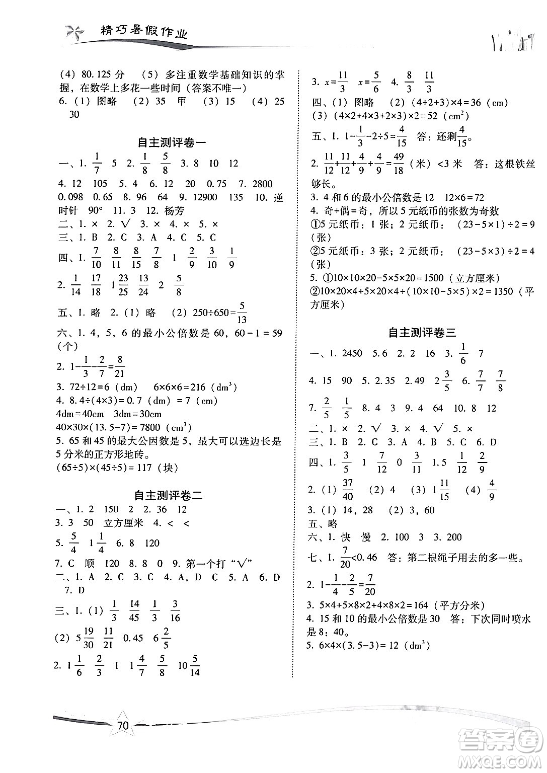 云南美術(shù)出版社2024年精巧暑假作業(yè)五年級數(shù)學(xué)人教版答案