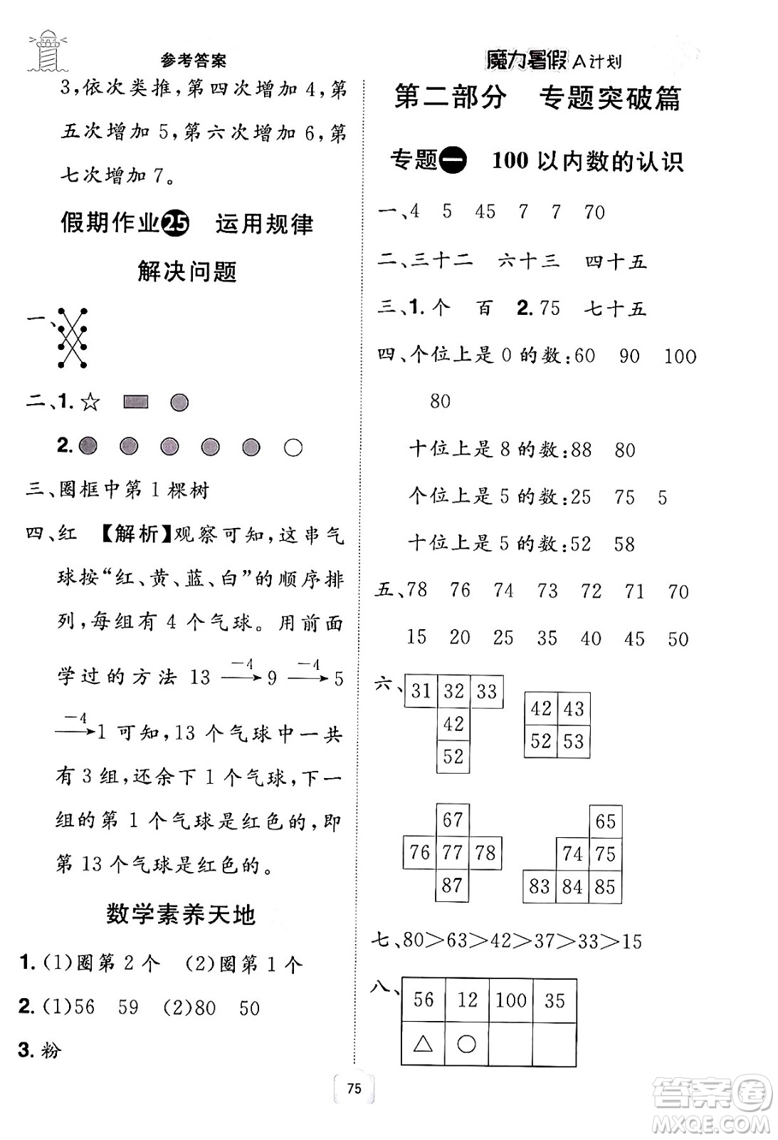 江西美術(shù)出版社2024年學(xué)海風(fēng)暴叢書魔力暑假A計(jì)劃一年級(jí)數(shù)學(xué)人教版答案