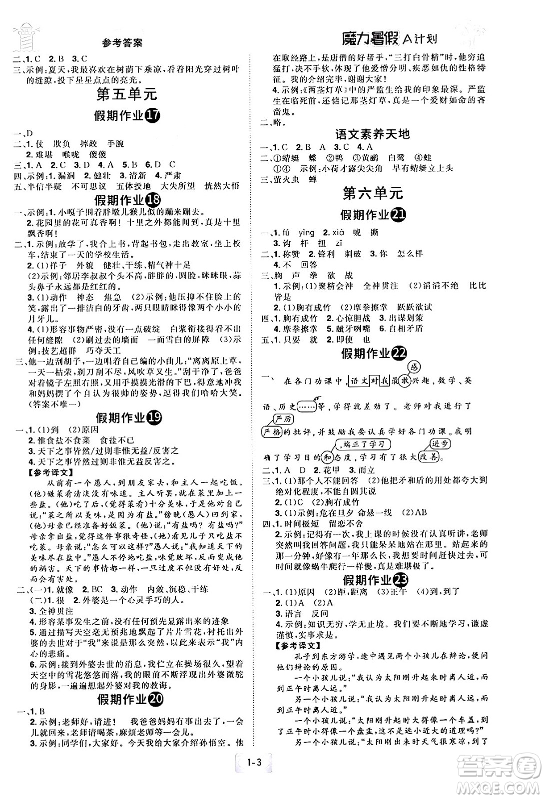 江西美術(shù)出版社2024年學(xué)海風(fēng)暴叢書魔力暑假A計(jì)劃五年級(jí)語(yǔ)文人教版答案