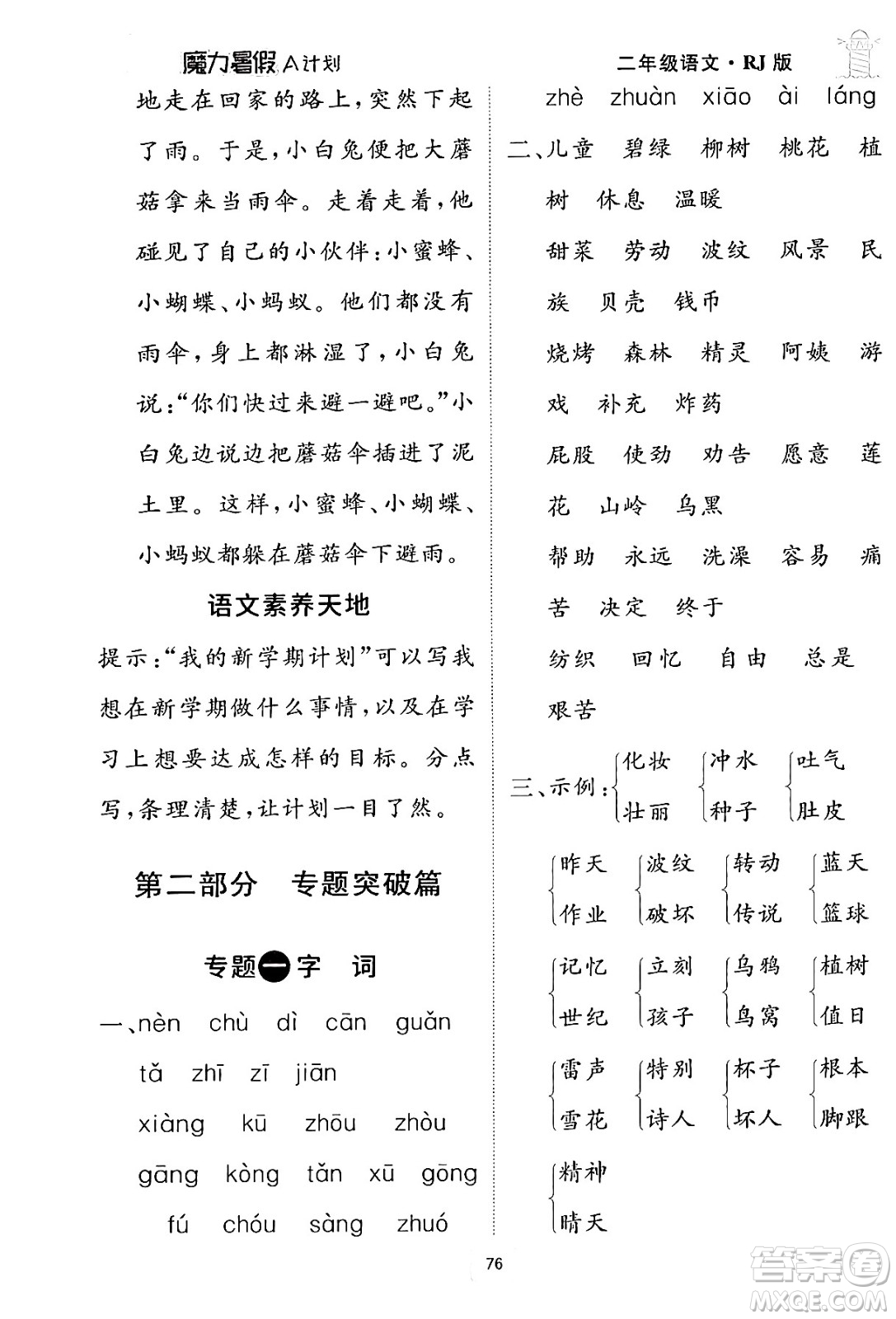 江西美術(shù)出版社2024年學(xué)海風(fēng)暴叢書魔力暑假A計(jì)劃二年級語文人教版答案