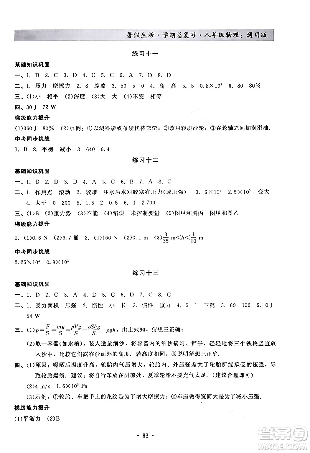河北科學(xué)技術(shù)出版社2024年假期核心素養(yǎng)暑假生活學(xué)期總復(fù)習(xí)八年級(jí)物理通用版答案