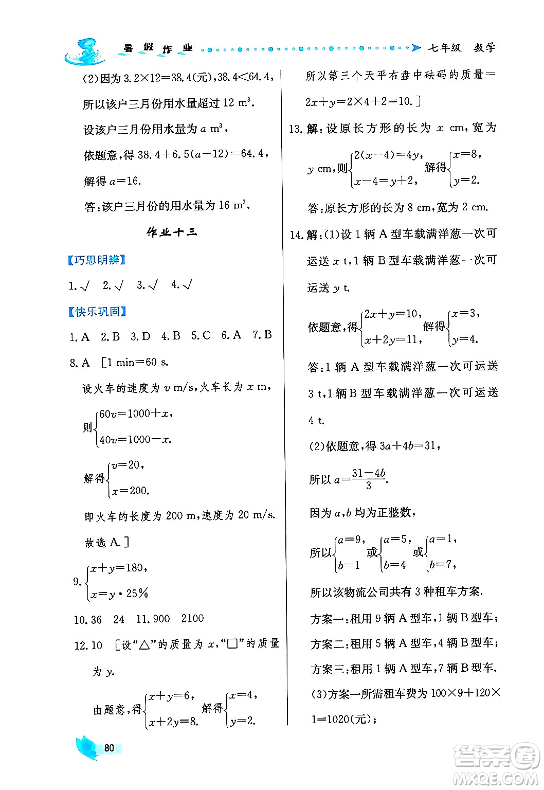 陜西人民出版社2024年實(shí)驗(yàn)教材新學(xué)案暑假作業(yè)七年級(jí)數(shù)學(xué)通用版答案