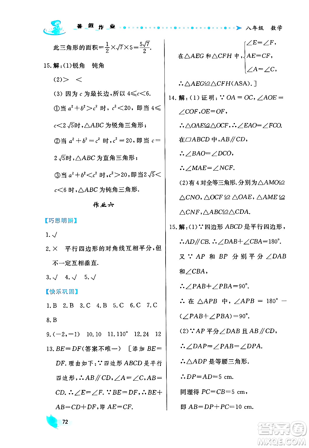 陜西人民出版社2024年實(shí)驗(yàn)教材新學(xué)案暑假作業(yè)八年級(jí)數(shù)學(xué)通用版答案
