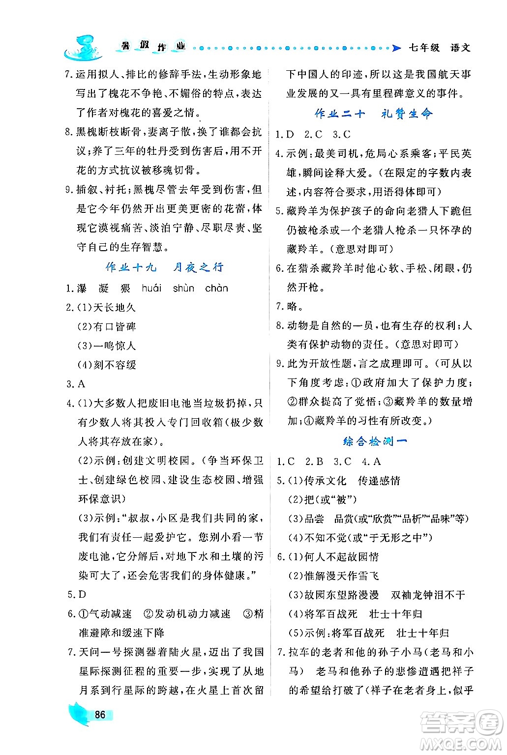陜西人民出版社2024年實驗教材新學案暑假作業(yè)七年級語文通用版答案