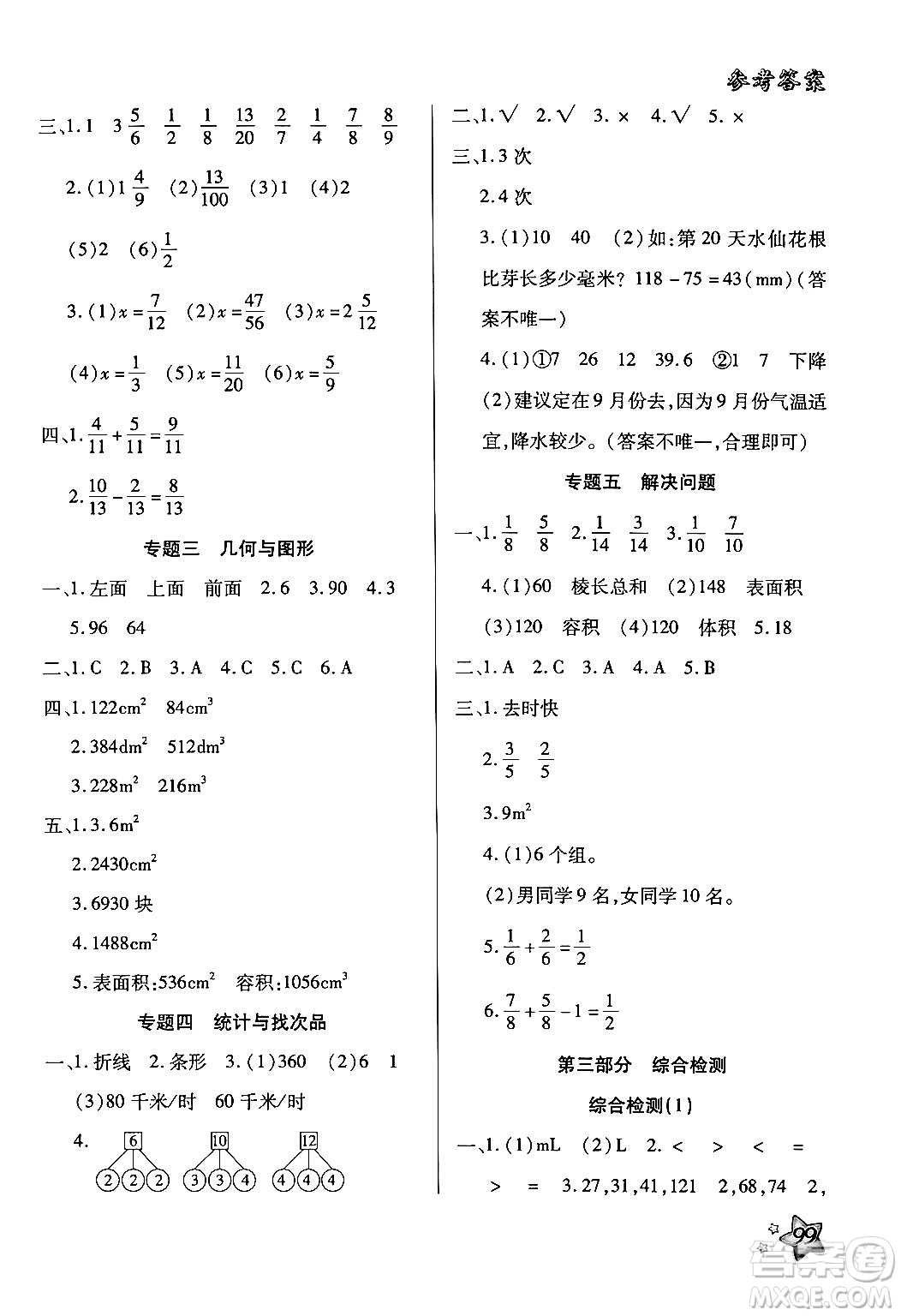 河北科學技術出版社2024年輕松總復習暑假作業(yè)五年級數(shù)學通用版答案