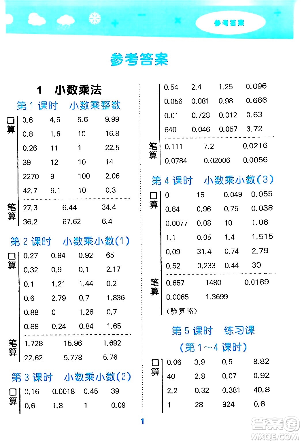 山東教育出版社2024年秋小兒郎小學口算大通關五年級數(shù)學上冊人教版答案