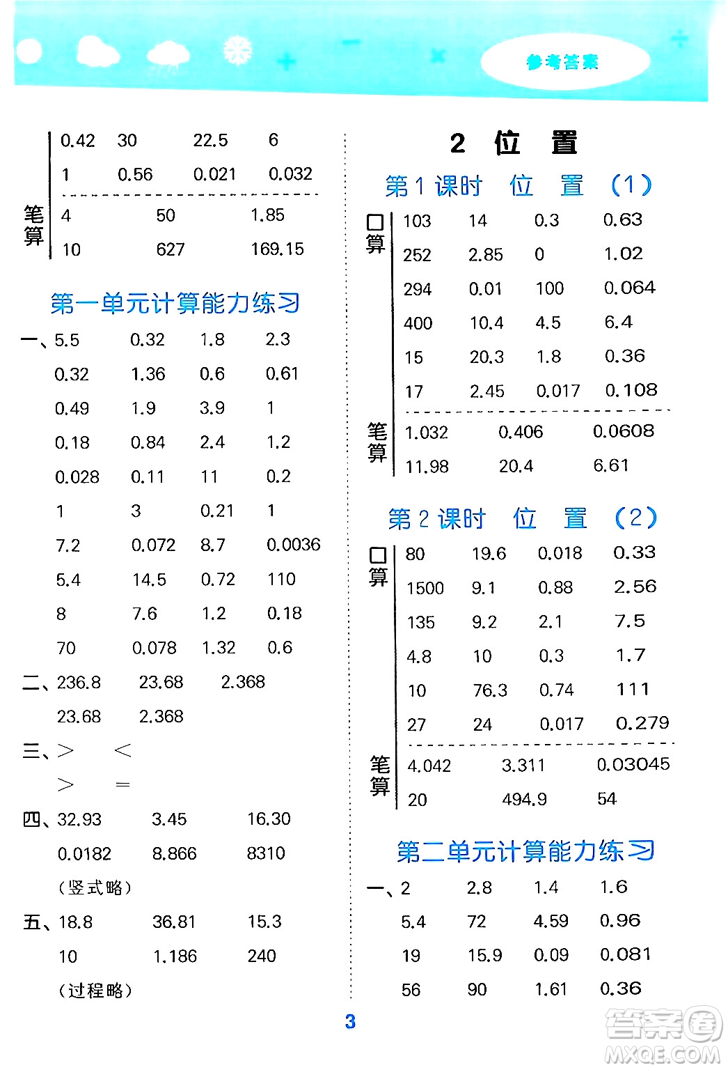 山東教育出版社2024年秋小兒郎小學口算大通關五年級數(shù)學上冊人教版答案