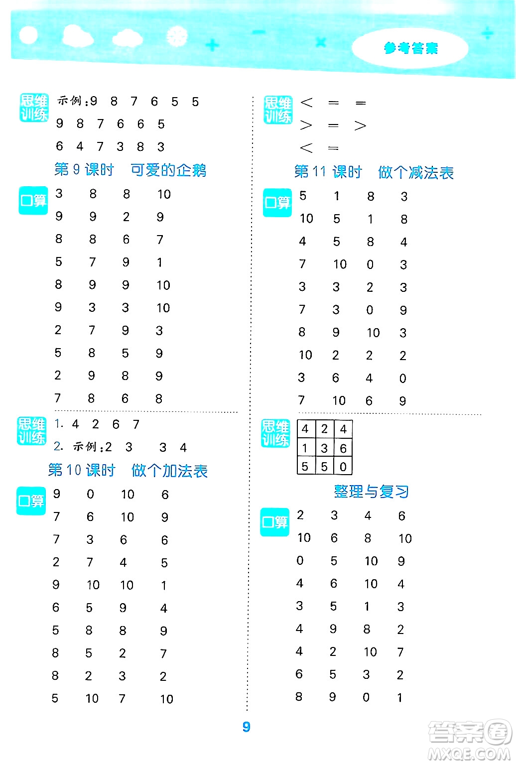 地質(zhì)出版社2024年秋小兒郎小學(xué)口算大通關(guān)一年級數(shù)學(xué)上冊北師大版答案