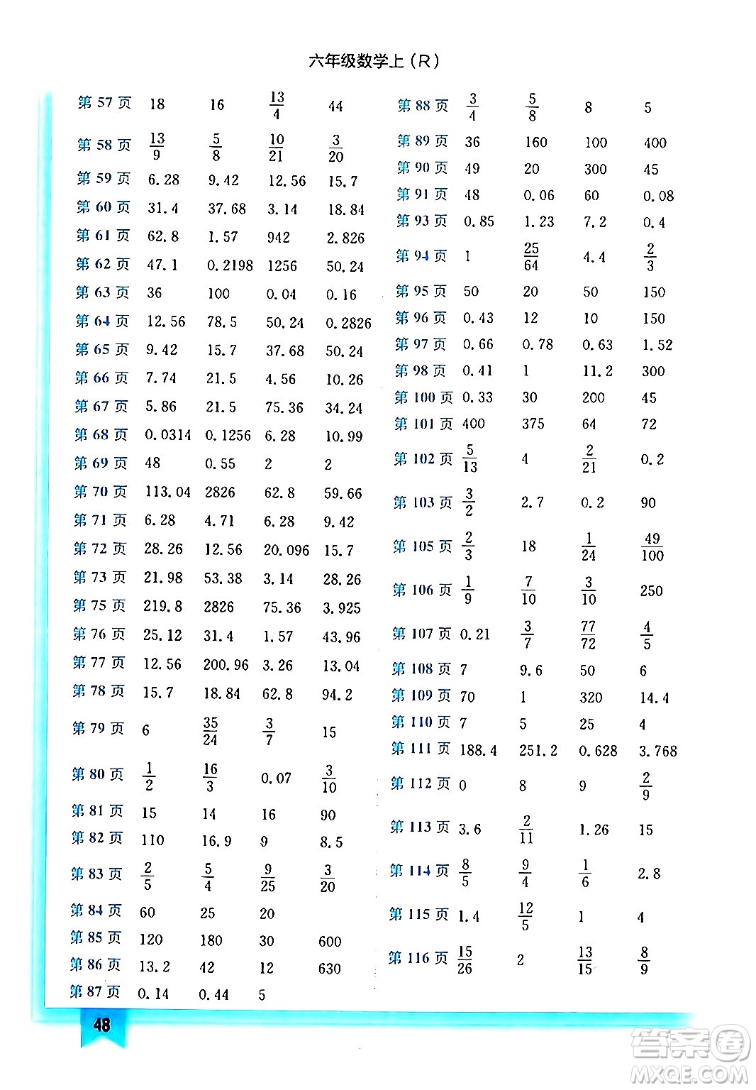 龍門(mén)書(shū)局2024年秋黃岡小狀元作業(yè)本六年級(jí)數(shù)學(xué)上冊(cè)人教版答案