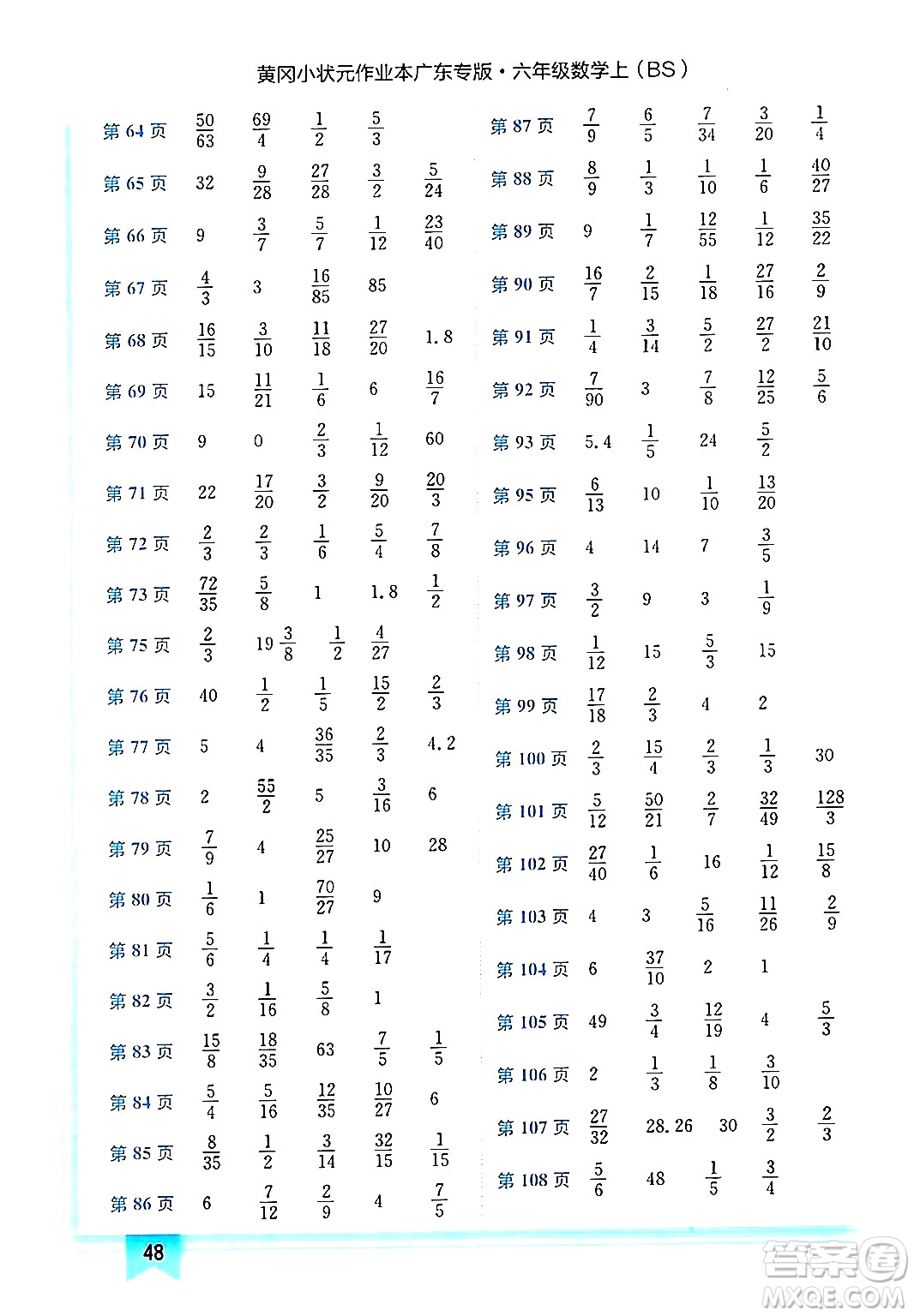 龍門(mén)書(shū)局2024年秋黃岡小狀元作業(yè)本六年級(jí)數(shù)學(xué)上冊(cè)北師大版廣東專(zhuān)版答案