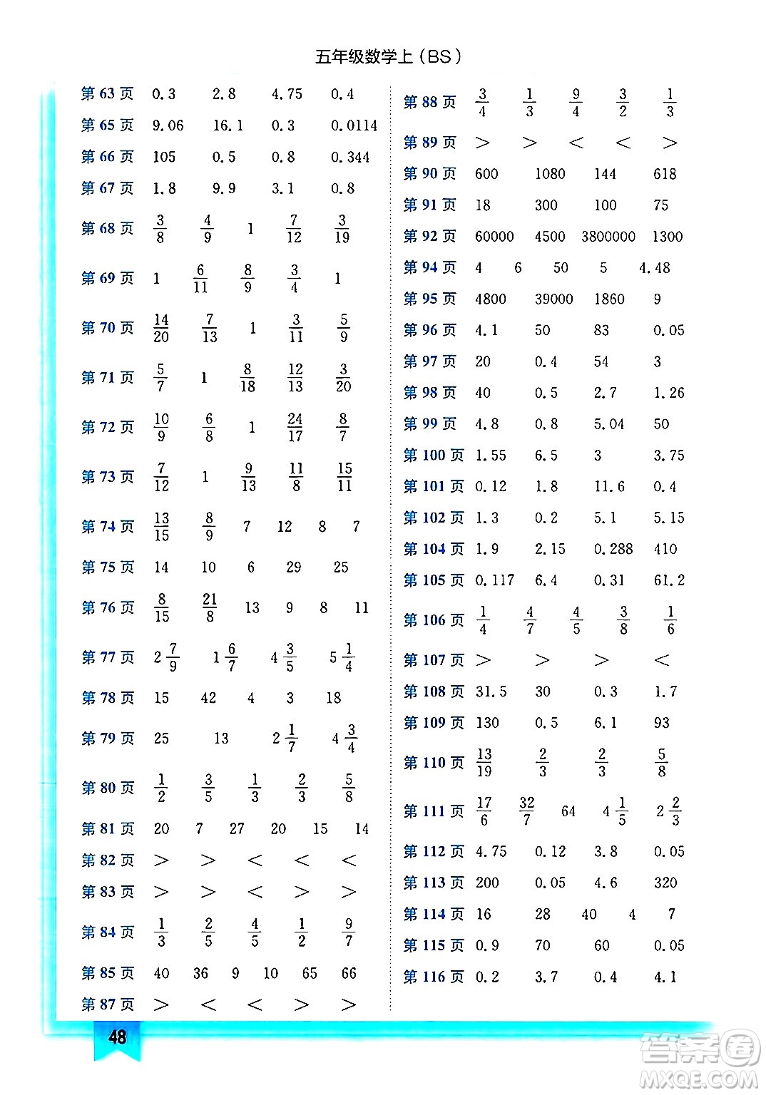 龍門書局2024年秋黃岡小狀元作業(yè)本五年級(jí)數(shù)學(xué)上冊(cè)北師大版答案