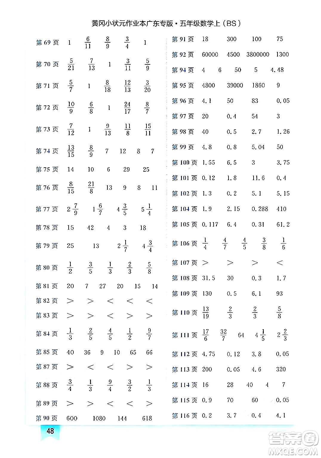 龍門書局2024年秋黃岡小狀元作業(yè)本五年級數(shù)學(xué)上冊北師大版廣東專版答案