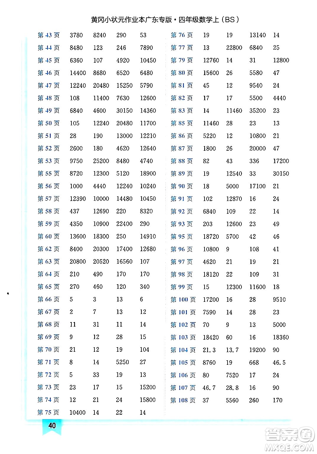 龍門書局2024年秋黃岡小狀元作業(yè)本四年級數(shù)學(xué)上冊北師大版廣東專版答案