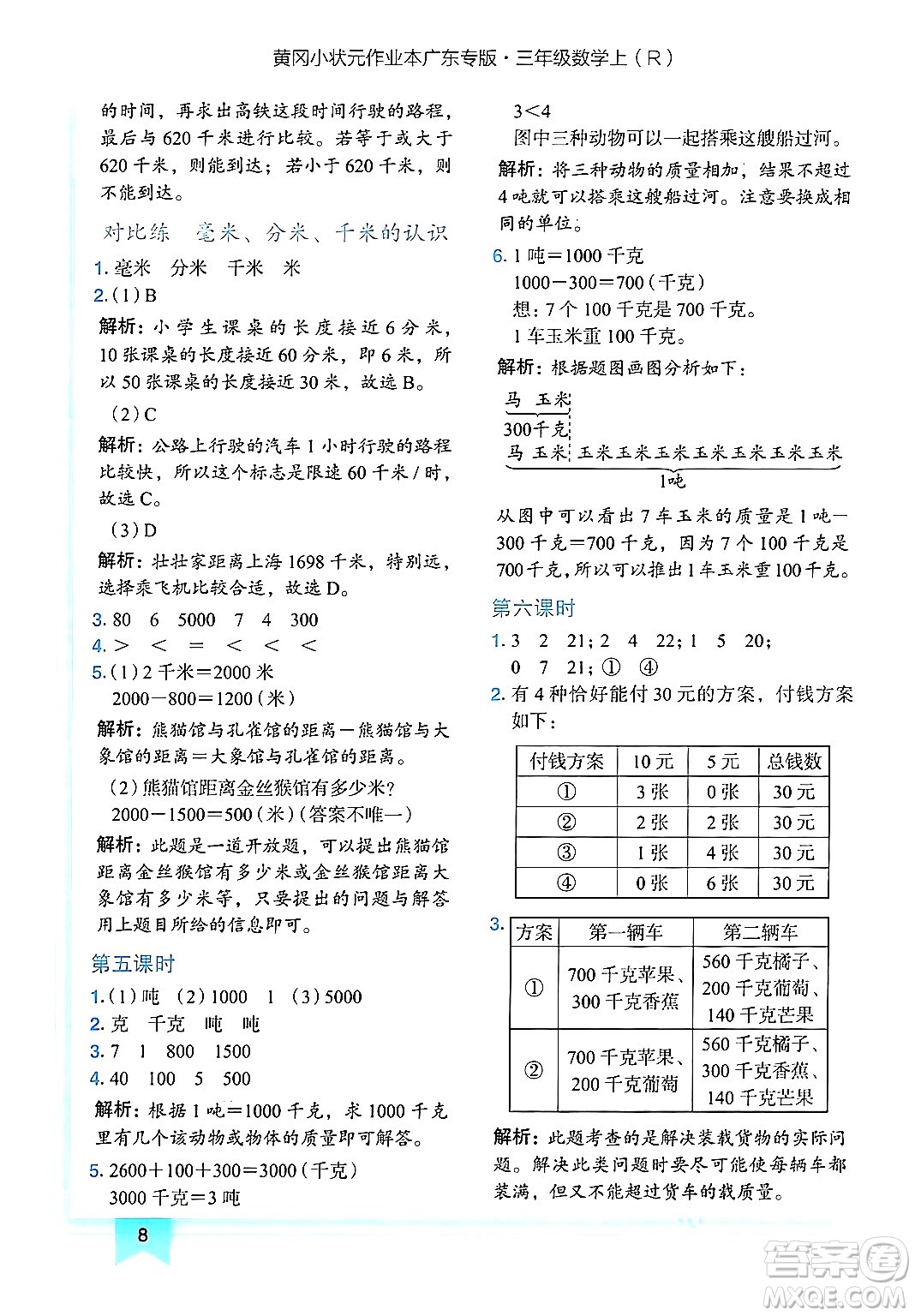 龍門書局2024年秋黃岡小狀元作業(yè)本三年級(jí)數(shù)學(xué)上冊(cè)人教版廣東專版答案