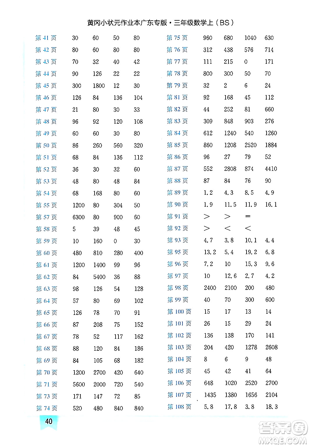 龍門書局2024年秋黃岡小狀元作業(yè)本三年級(jí)數(shù)學(xué)上冊(cè)北師大版廣東專版答案