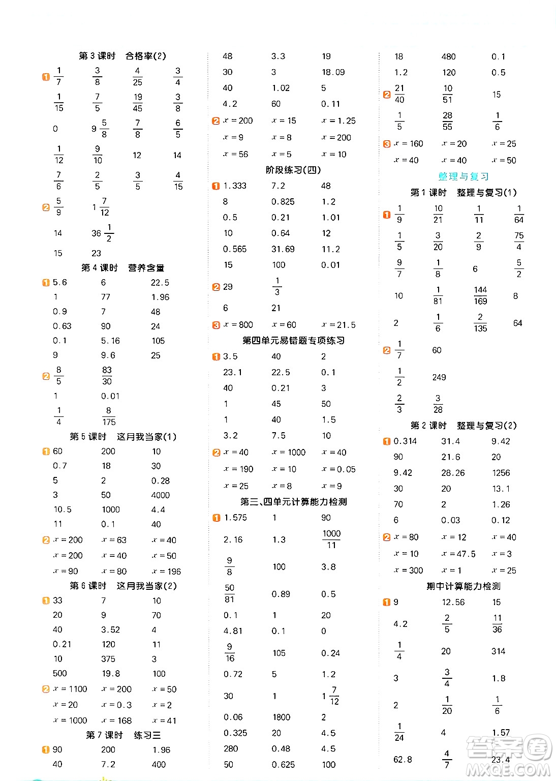 江西教育出版社2024年秋陽光同學(xué)計算小達(dá)人六年級數(shù)學(xué)上冊北師大版答案