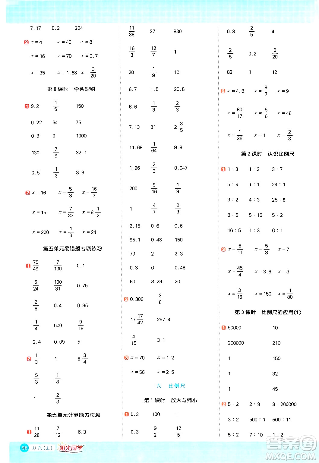 江西教育出版社2024年秋陽光同學(xué)計算小達人六年級數(shù)學(xué)上冊冀教版答案