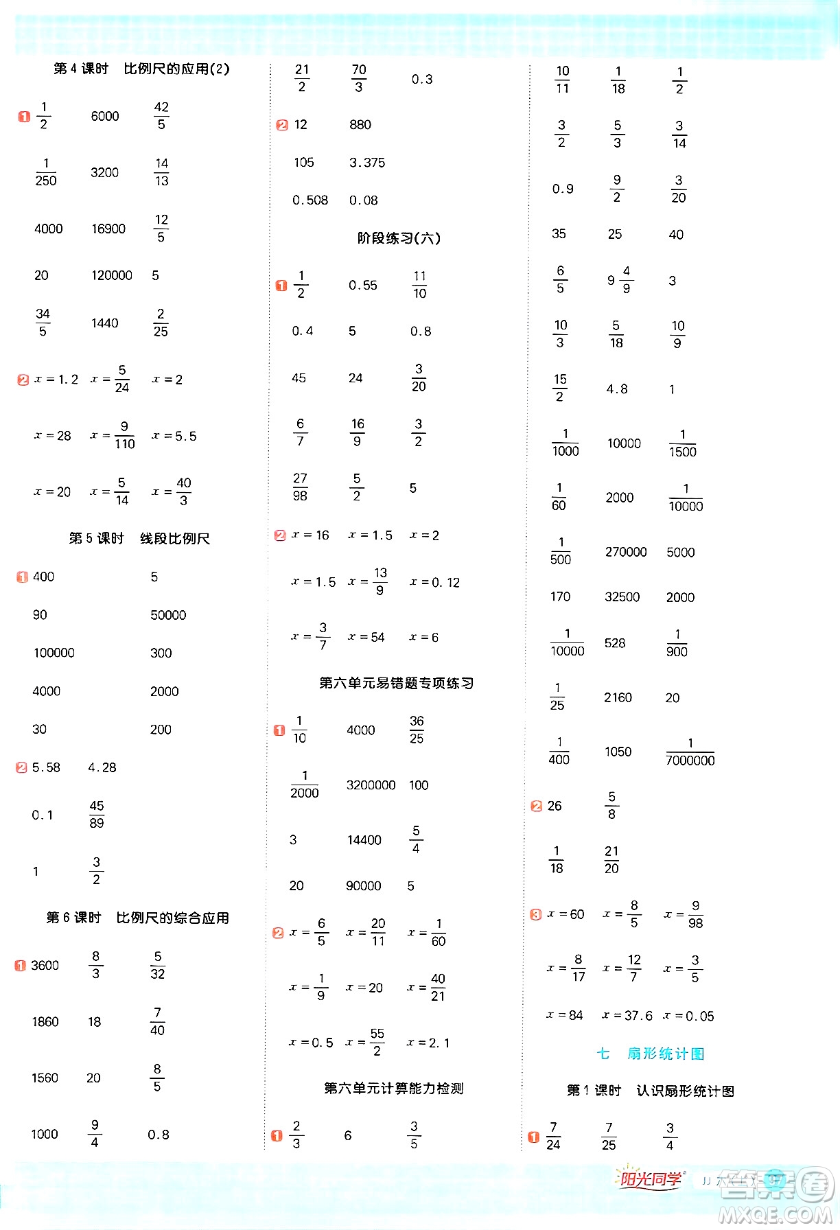 江西教育出版社2024年秋陽光同學(xué)計算小達人六年級數(shù)學(xué)上冊冀教版答案
