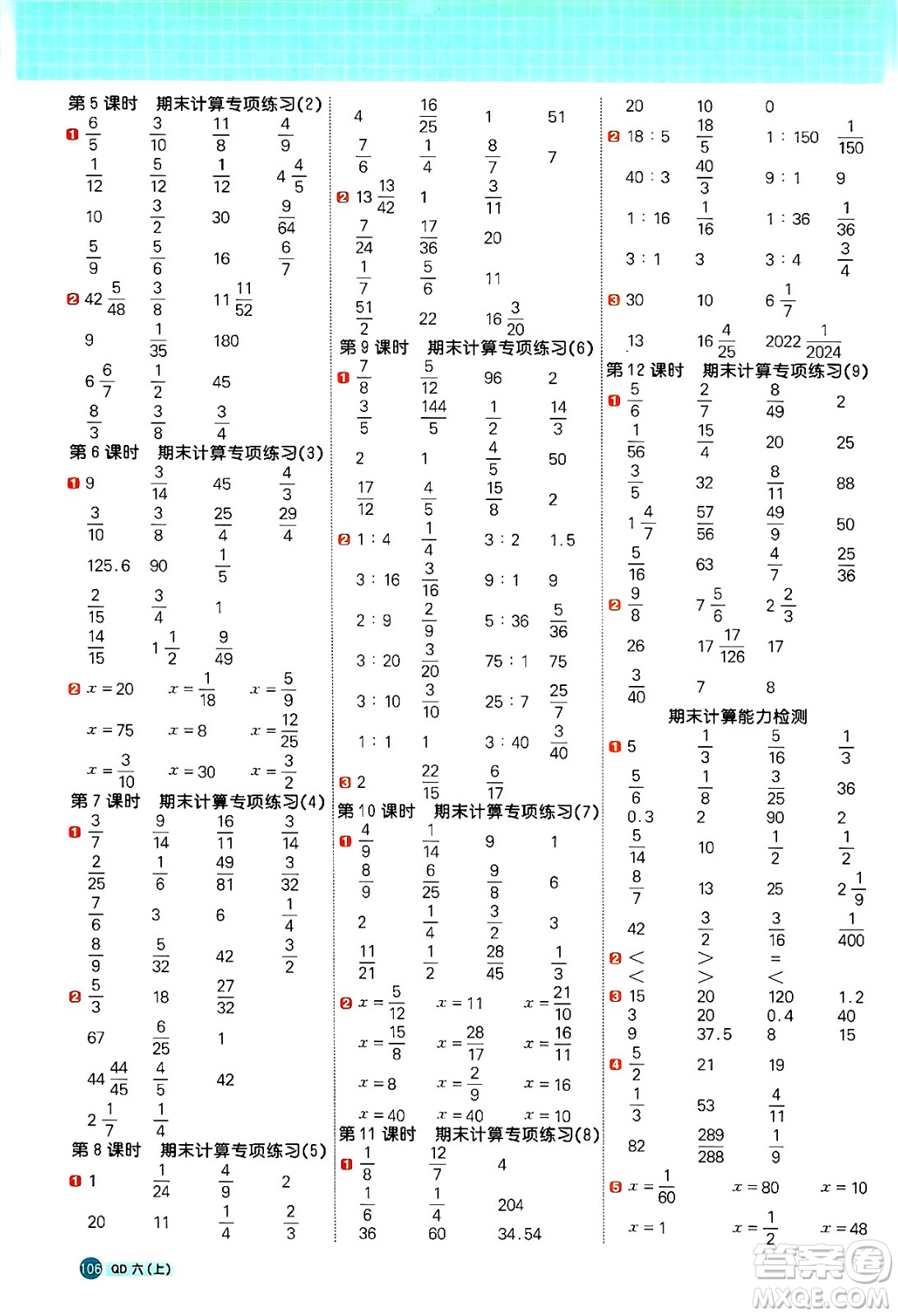江西教育出版社2024年秋陽光同學(xué)計(jì)算小達(dá)人六年級(jí)數(shù)學(xué)上冊(cè)青島版答案