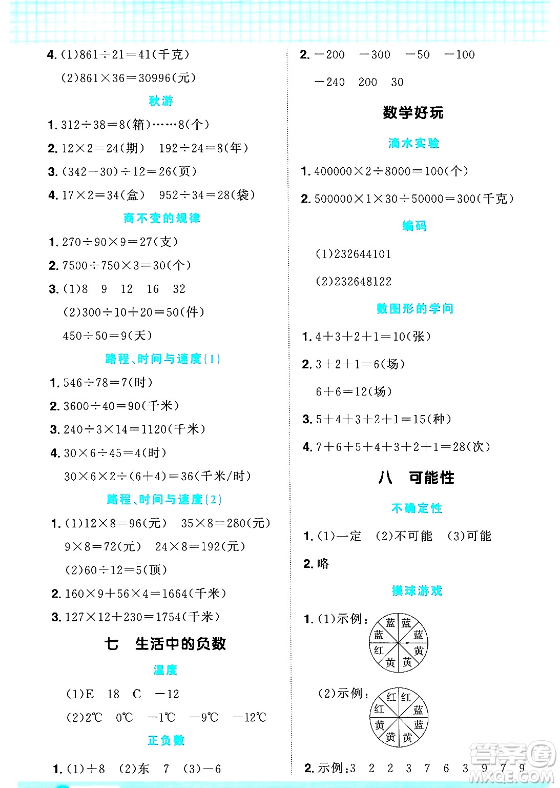 江西教育出版社2024年秋陽光同學(xué)計算小達(dá)人四年級數(shù)學(xué)上冊北師大版答案