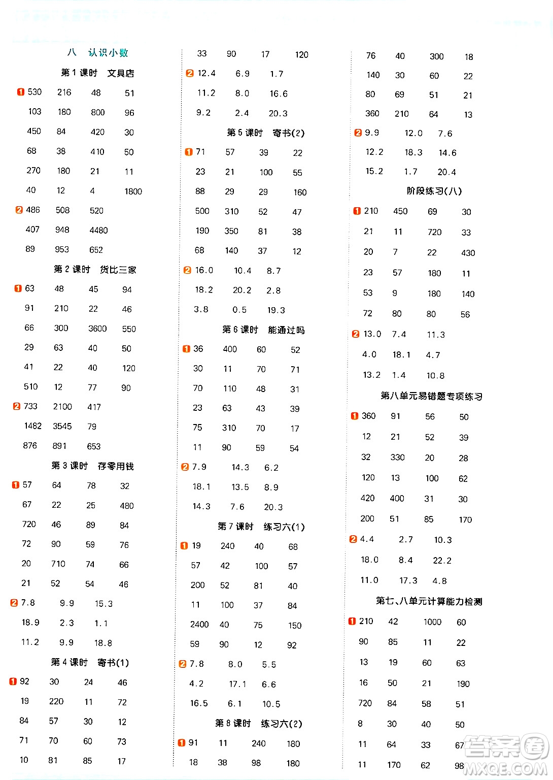 江西教育出版社2024年秋陽光同學計算小達人三年級數(shù)學上冊北師大版答案