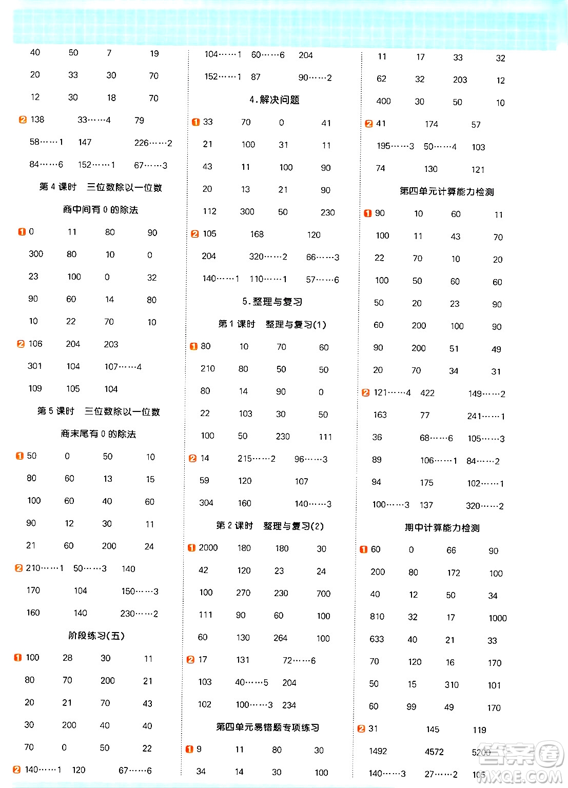 江西教育出版社2024年秋陽光同學(xué)計算小達人三年級數(shù)學(xué)上冊冀教版答案