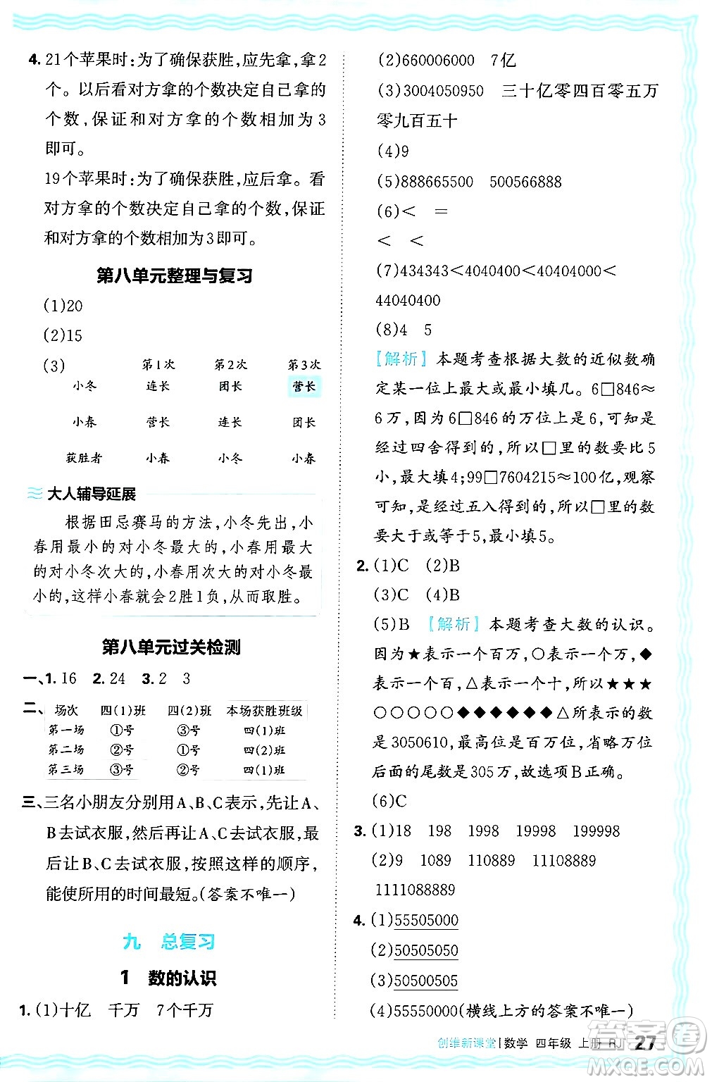 江西人民出版社2024年秋王朝霞創(chuàng)維新課堂四年級數(shù)學(xué)上冊人教版答案