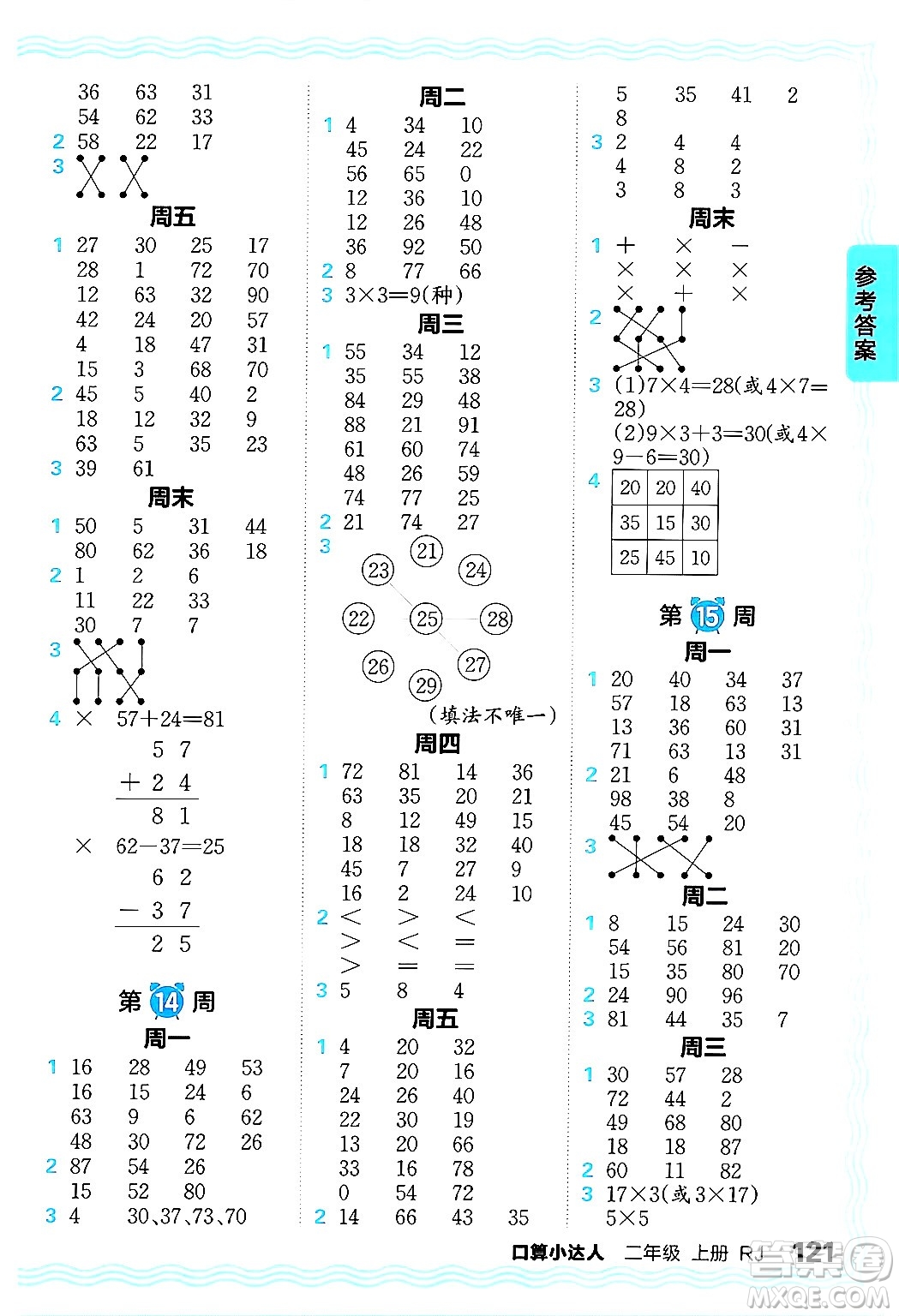 江西人民出版社2024年秋王朝霞口算小達(dá)人二年級數(shù)學(xué)上冊人教版答案