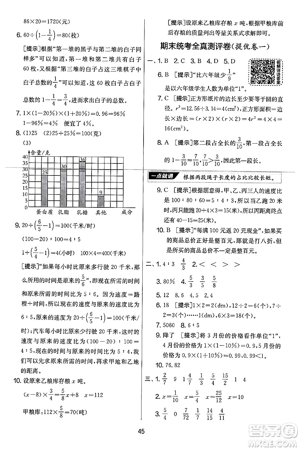 江蘇人民出版社2024年秋實驗班提優(yōu)大考卷六年級數(shù)學(xué)上冊人教版答案